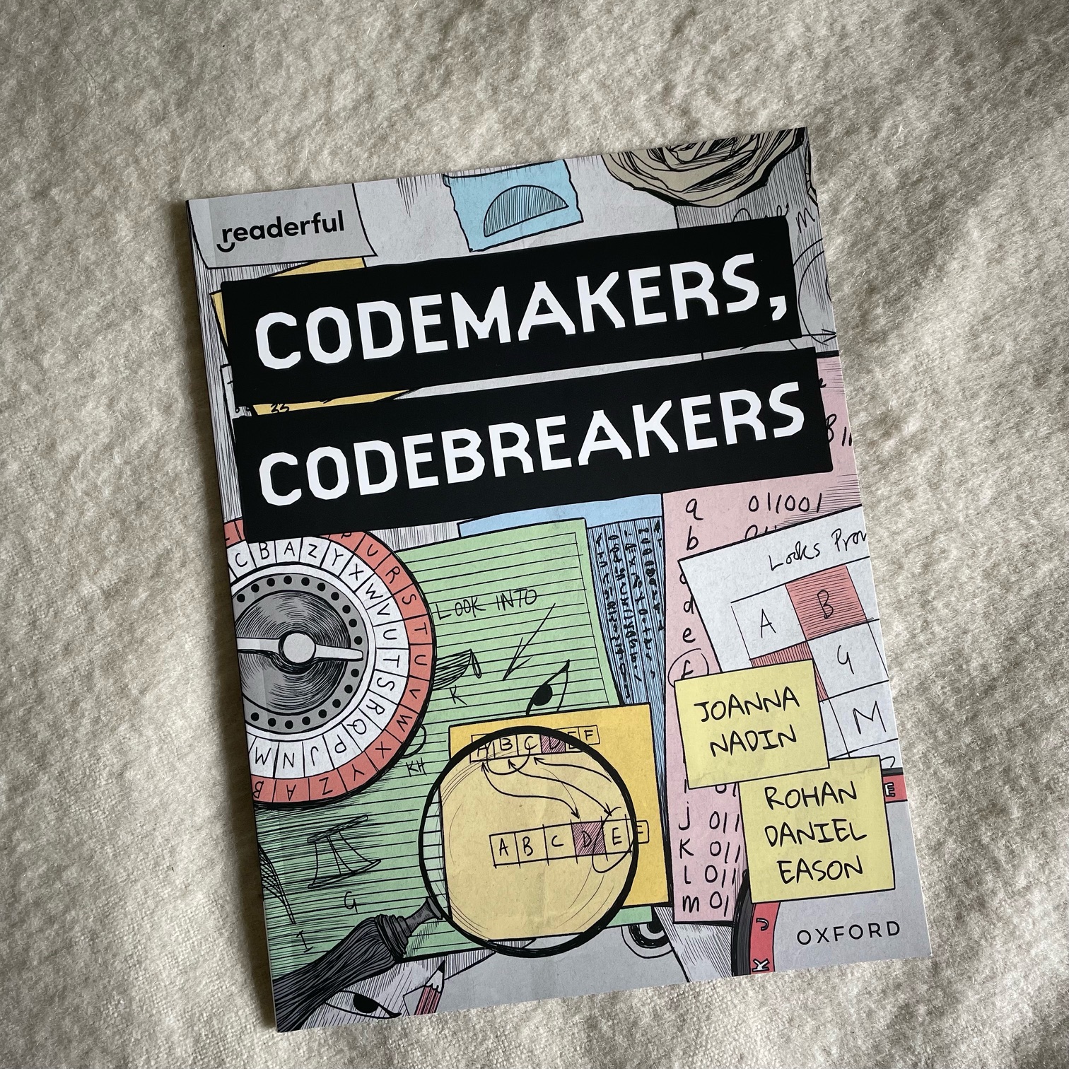 Codemakers, Codebreakers cover, showing handdrawn codes and a magnifying glass.